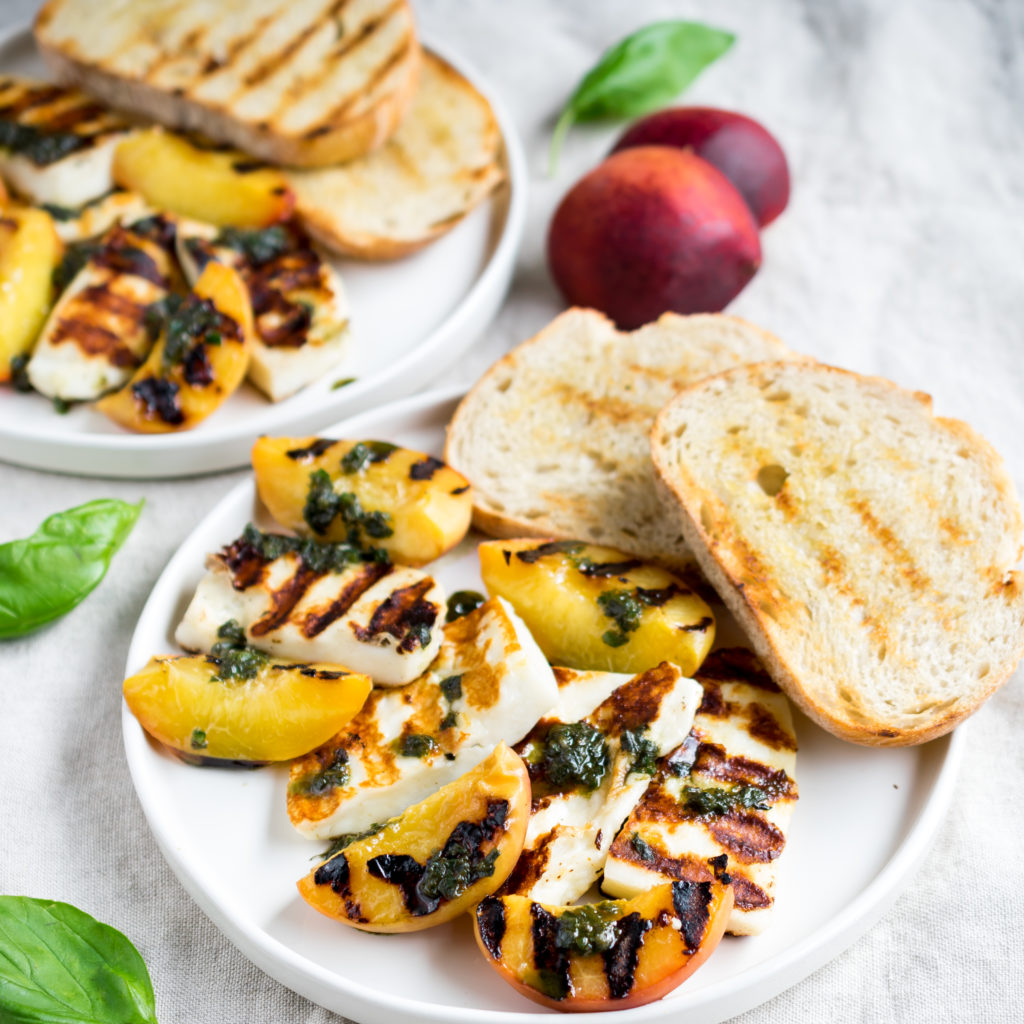 Grilled Halloumi and Peaches with Basil-Jalapeno Sauce